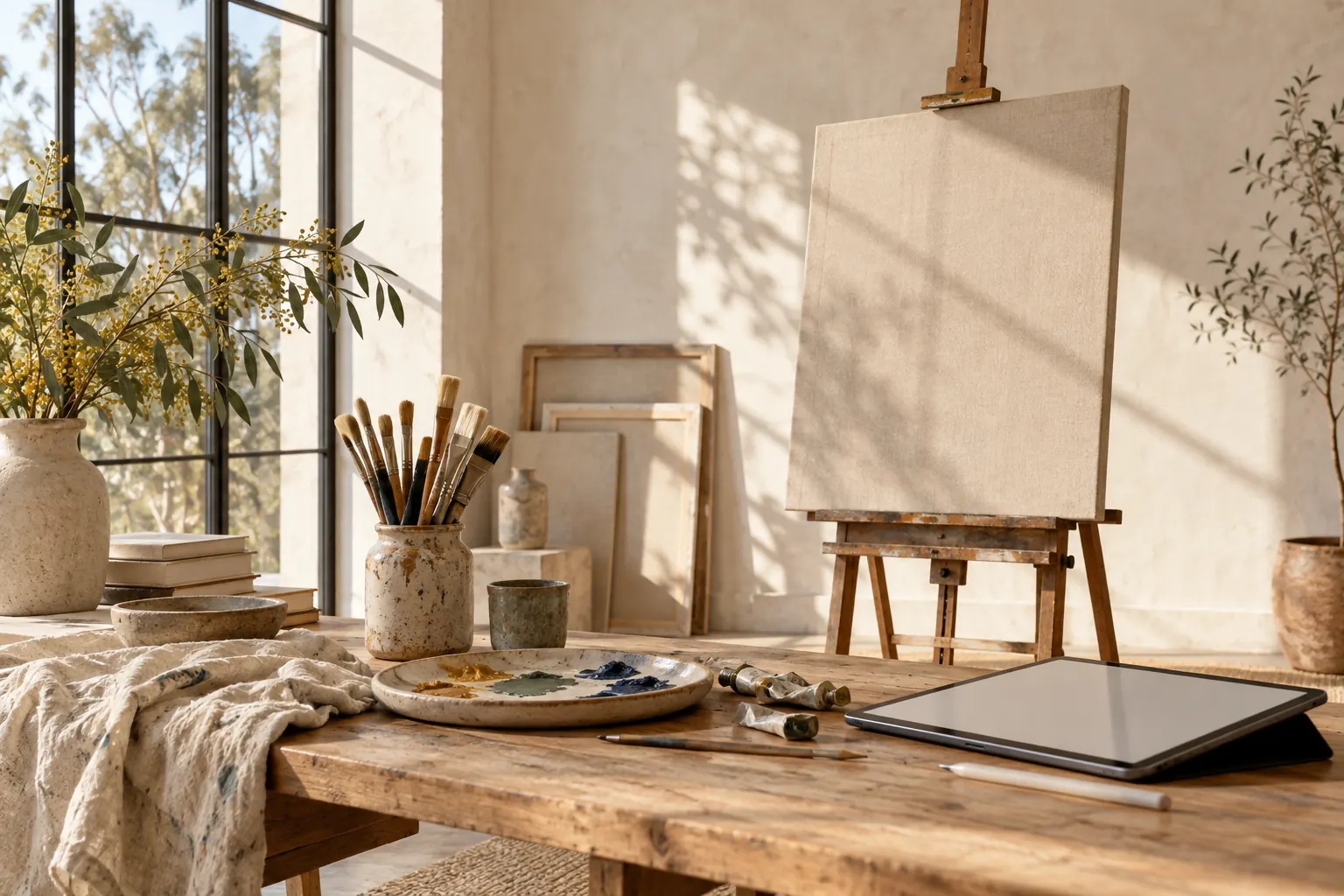 Paintbrushes and an easel in a sunlit artist studio
