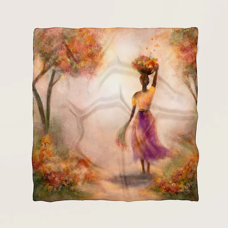 Autumn’s Keeper silk scarf, laid flat, view 2